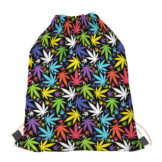Colorful Weed Leaf Pattern Print Drawstring Bag