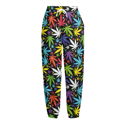 Colorful Weed Leaf Pattern Print Fleece Lined Knit Pants