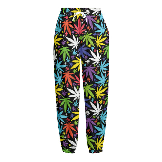 Colorful Weed Leaf Pattern Print Fleece Lined Knit Pants