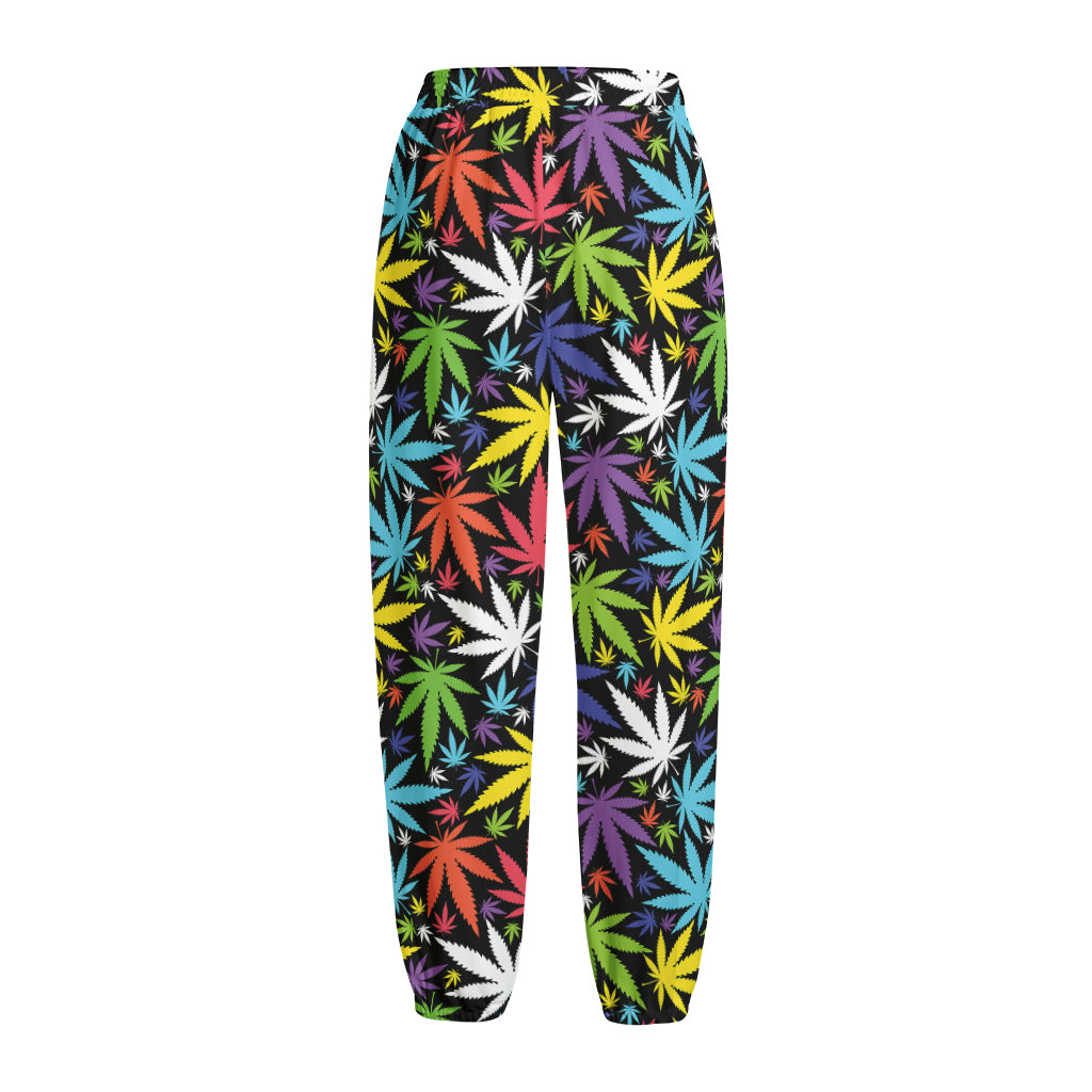 Colorful Weed Leaf Pattern Print Fleece Lined Knit Pants