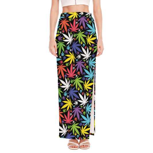 Colorful Weed Leaf Pattern Print High Slit Maxi Skirt