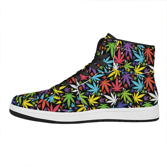 Colorful Weed Leaf Pattern Print High Top Leather Sneakers