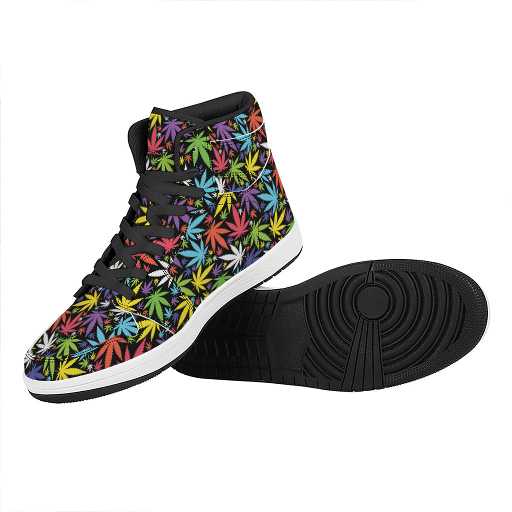 Colorful Weed Leaf Pattern Print High Top Leather Sneakers