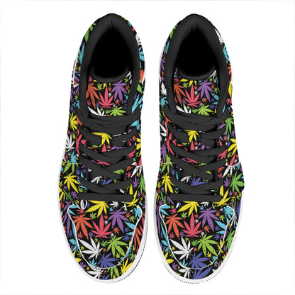 Colorful Weed Leaf Pattern Print High Top Leather Sneakers