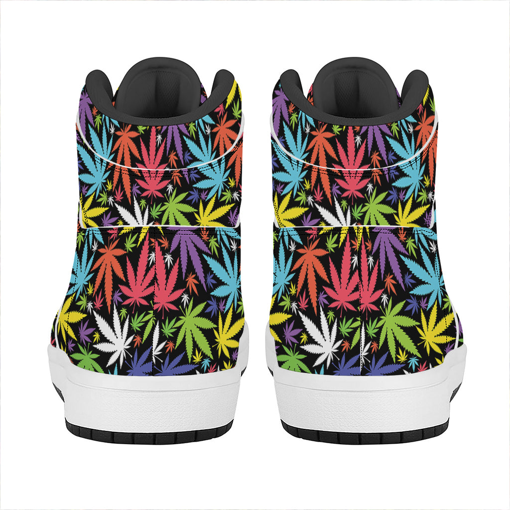 Colorful Weed Leaf Pattern Print High Top Leather Sneakers