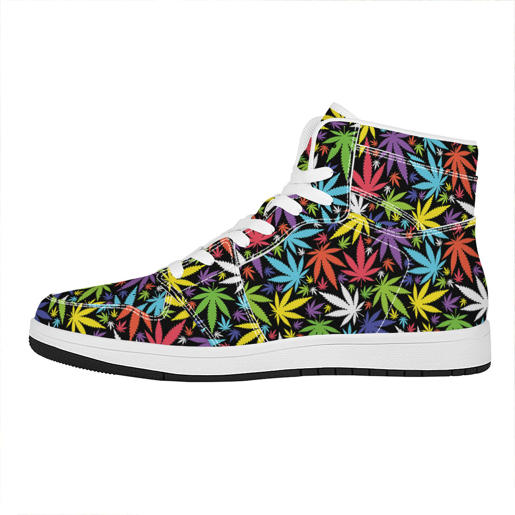 Colorful Weed Leaf Pattern Print High Top Leather Sneakers