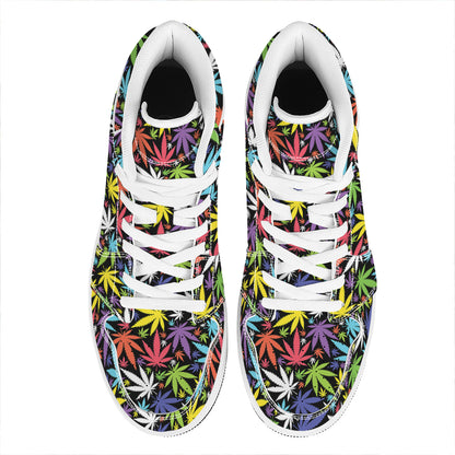 Colorful Weed Leaf Pattern Print High Top Leather Sneakers