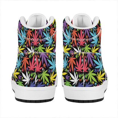 Colorful Weed Leaf Pattern Print High Top Leather Sneakers
