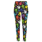 Colorful Weed Leaf Pattern Print High-Waisted Pocket Leggings