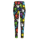 Colorful Weed Leaf Pattern Print High-Waisted Pocket Leggings
