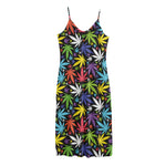 Colorful Weed Leaf Pattern Print Jersey Midi Cami Dress