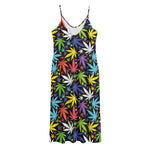 Colorful Weed Leaf Pattern Print Jersey Midi Cami Dress