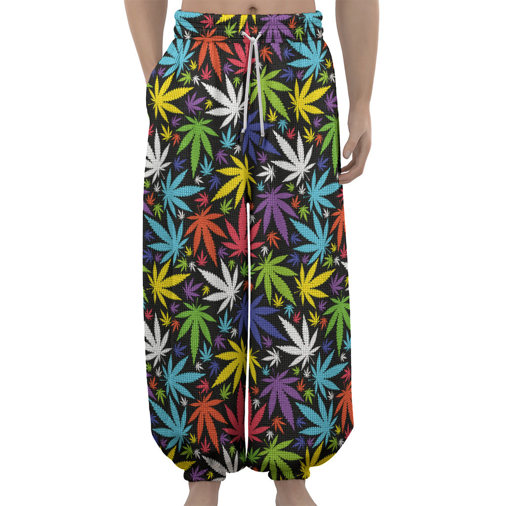 Colorful Weed Leaf Pattern Print Lantern Pants