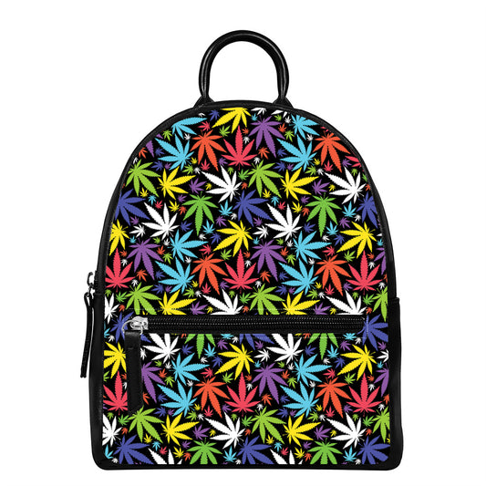 Colorful Weed Leaf Pattern Print Leather Backpack
