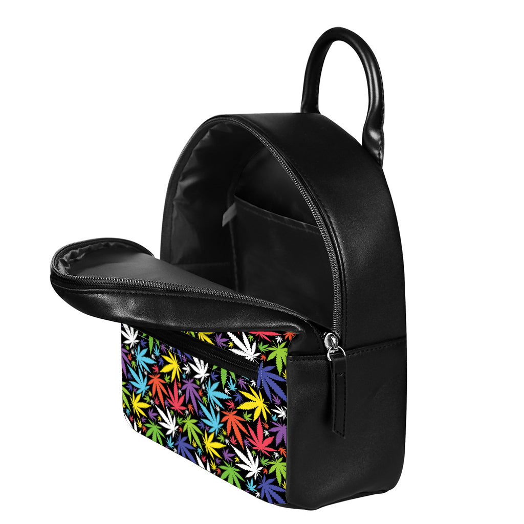 Colorful Weed Leaf Pattern Print Leather Backpack