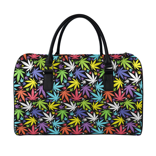 Colorful Weed Leaf Pattern Print Leather Duffle Bag