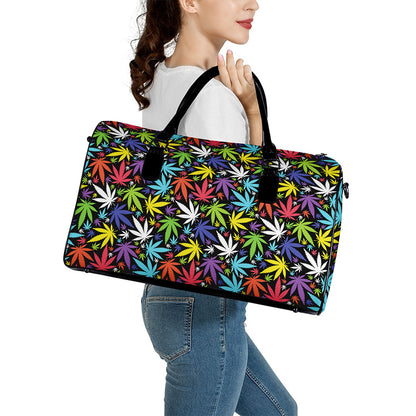 Colorful Weed Leaf Pattern Print Leather Duffle Bag
