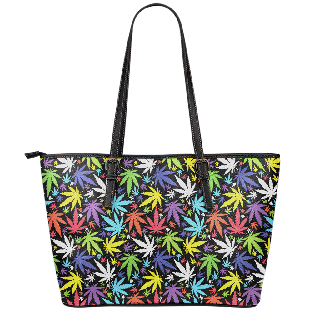 Colorful Weed Leaf Pattern Print Leather Tote Bag