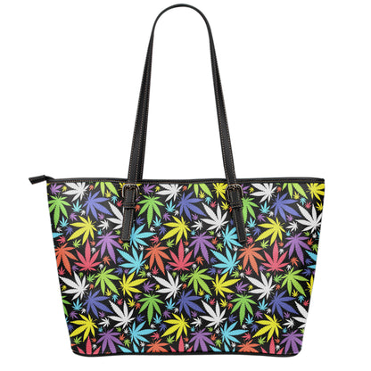Colorful Weed Leaf Pattern Print Leather Tote Bag