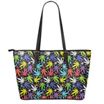 Colorful Weed Leaf Pattern Print Leather Tote Bag