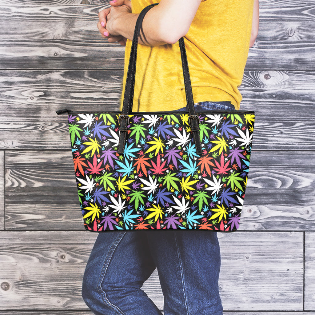 Colorful Weed Leaf Pattern Print Leather Tote Bag