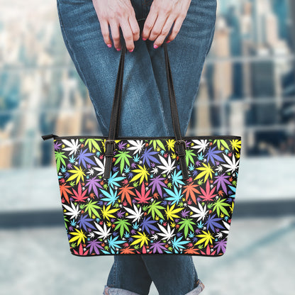 Colorful Weed Leaf Pattern Print Leather Tote Bag