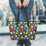 Colorful Weed Leaf Pattern Print Leather Tote Bag