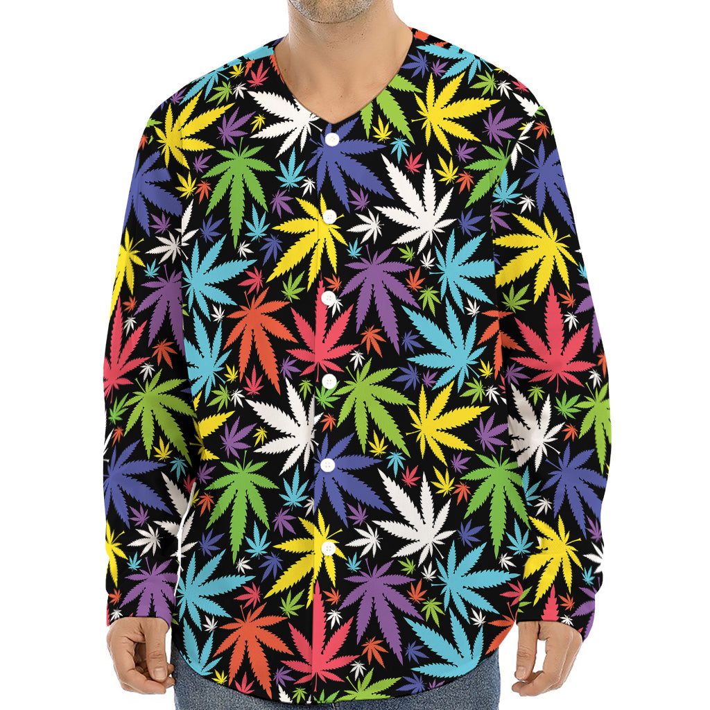 Colorful Weed Leaf Pattern Print Long Sleeve Baseball Jersey