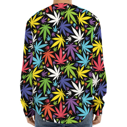 Colorful Weed Leaf Pattern Print Long Sleeve Baseball Jersey