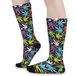 Colorful Weed Leaf Pattern Print Long Socks