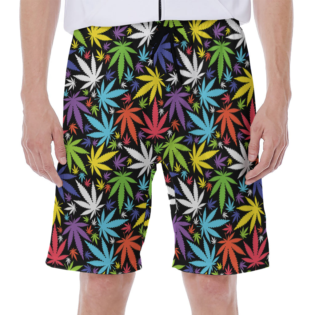 Colorful Weed Leaf Pattern Print Men's Beach Shorts