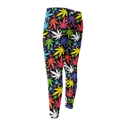 Colorful Weed Leaf Pattern Print Men's Compression Pants
