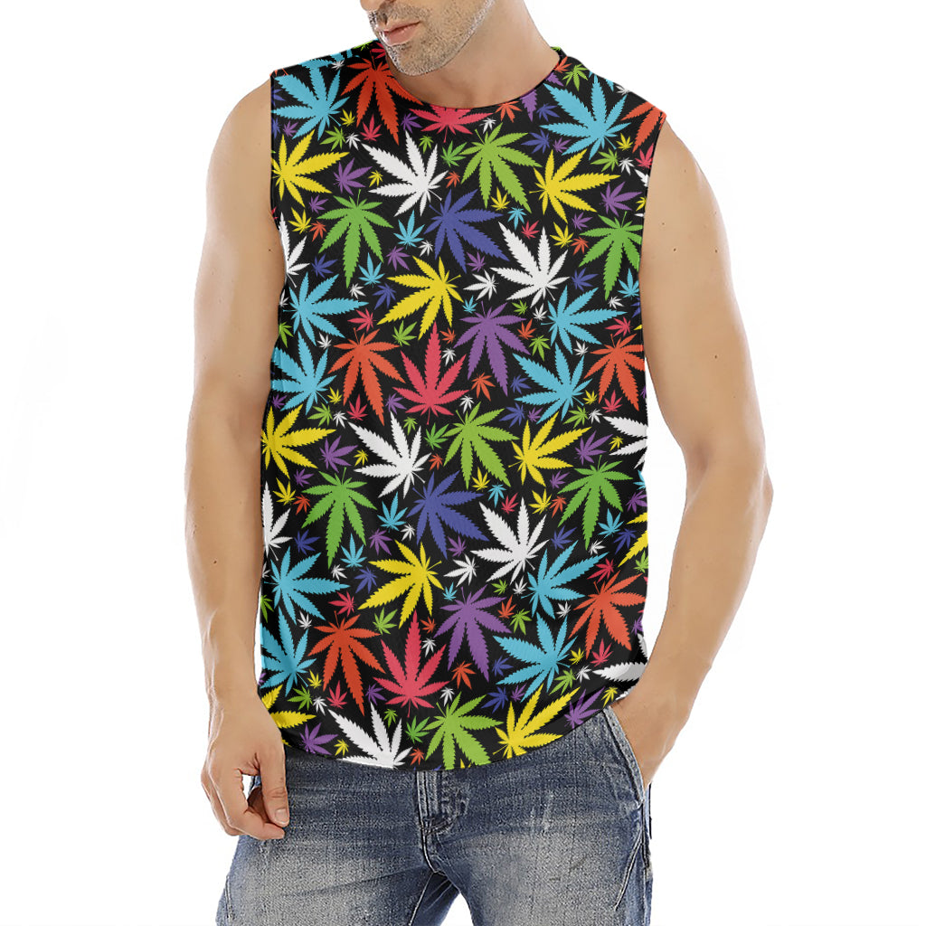 Colorful Weed Leaf Pattern Print Men's Fitness Tank Top