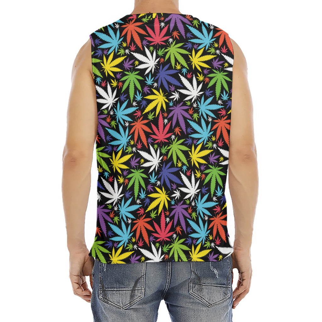 Colorful Weed Leaf Pattern Print Men's Fitness Tank Top