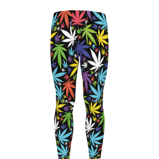 Colorful Weed Leaf Pattern Print Men's leggings