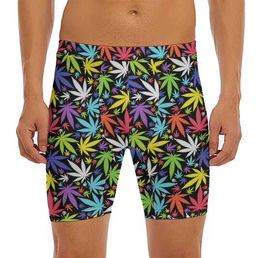 Colorful Weed Leaf Pattern Print Men's Long Boxer Briefs