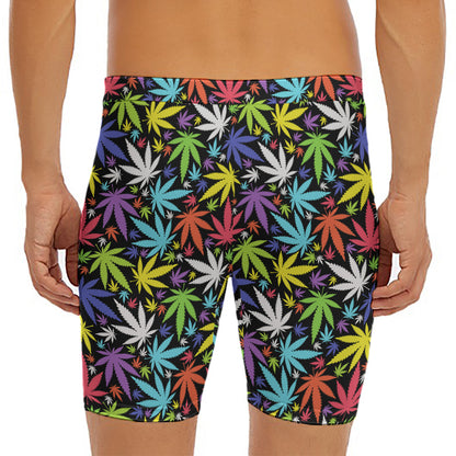 Colorful Weed Leaf Pattern Print Men's Long Boxer Briefs