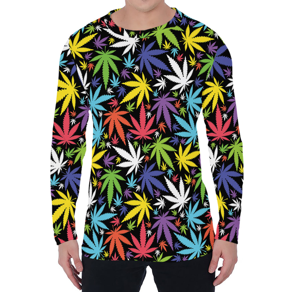 Colorful Weed Leaf Pattern Print Men's Long Sleeve T-Shirt