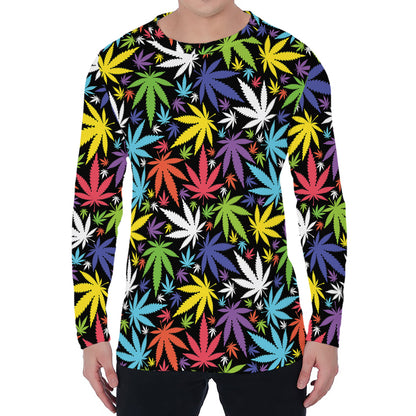 Colorful Weed Leaf Pattern Print Men's Long Sleeve T-Shirt