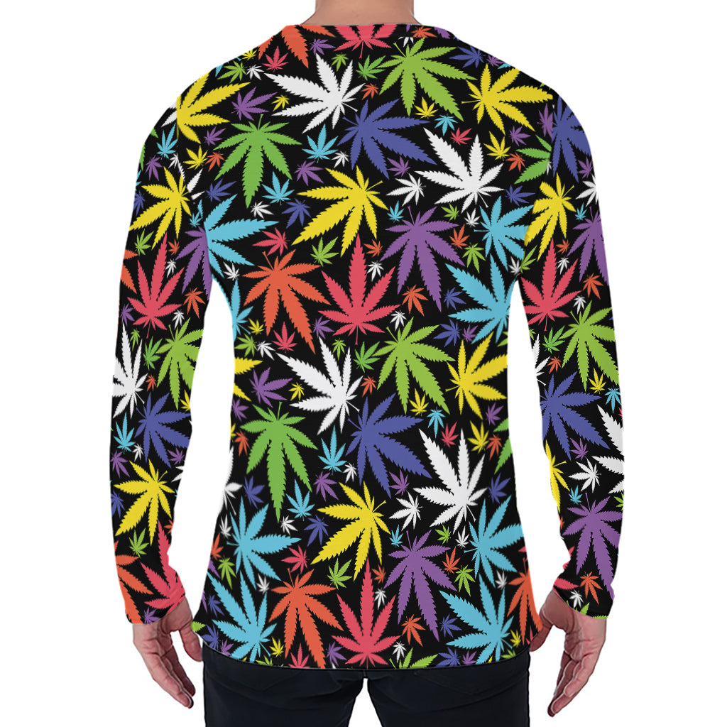 Colorful Weed Leaf Pattern Print Men's Long Sleeve T-Shirt