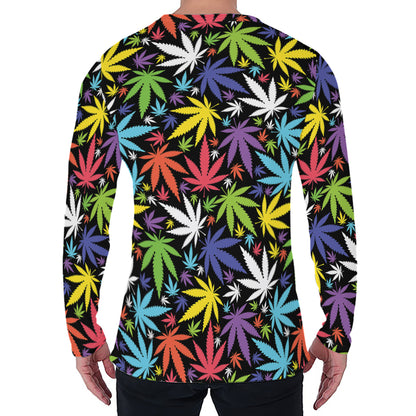Colorful Weed Leaf Pattern Print Men's Long Sleeve T-Shirt