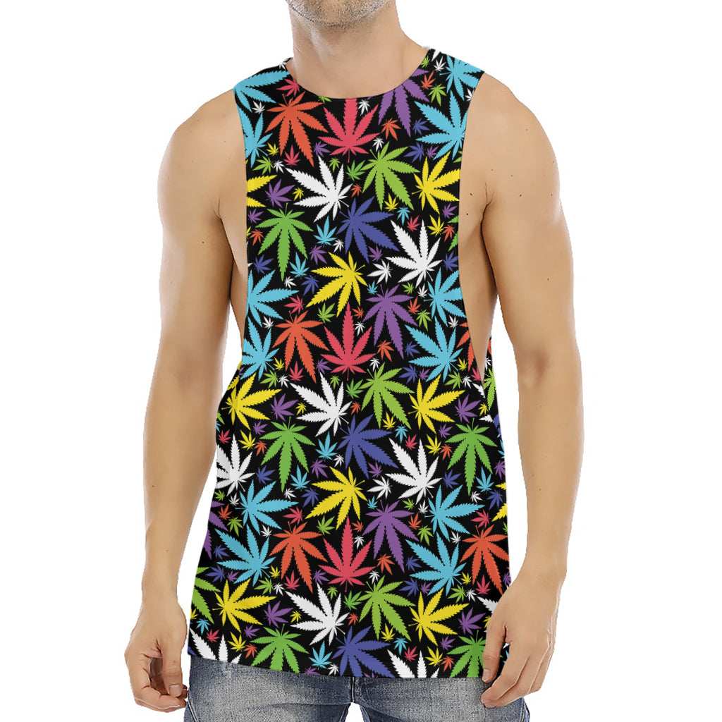 Colorful Weed Leaf Pattern Print Men's Muscle Tank Top
