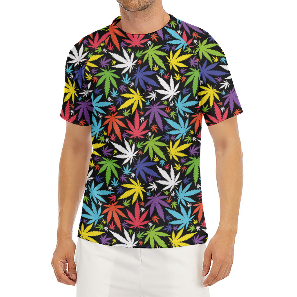 Colorful Weed Leaf Pattern Print Men's Short Sleeve Rash Guard