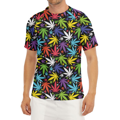 Colorful Weed Leaf Pattern Print Men's Short Sleeve Rash Guard