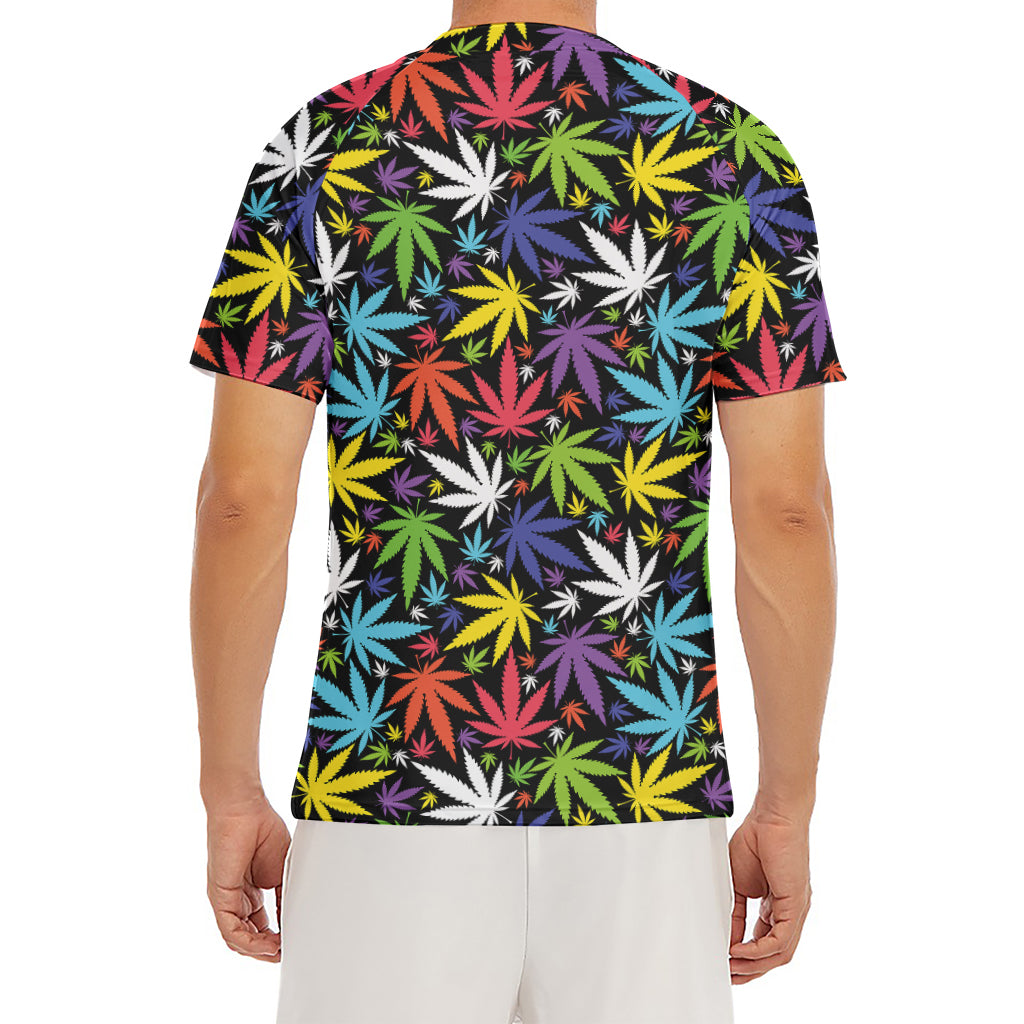 Colorful Weed Leaf Pattern Print Men's Short Sleeve Rash Guard