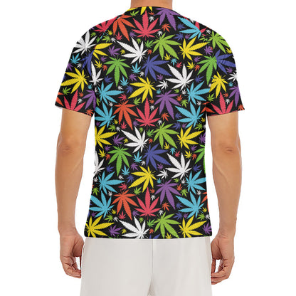 Colorful Weed Leaf Pattern Print Men's Short Sleeve Rash Guard