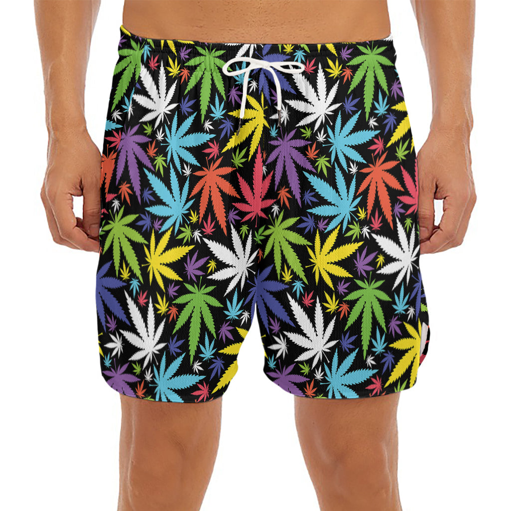 Colorful Weed Leaf Pattern Print Men's Split Running Shorts