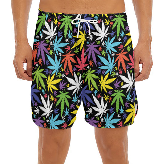 Colorful Weed Leaf Pattern Print Men's Split Running Shorts