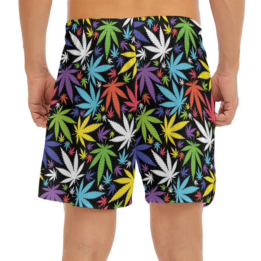 Colorful Weed Leaf Pattern Print Men's Split Running Shorts