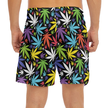 Colorful Weed Leaf Pattern Print Men's Split Running Shorts